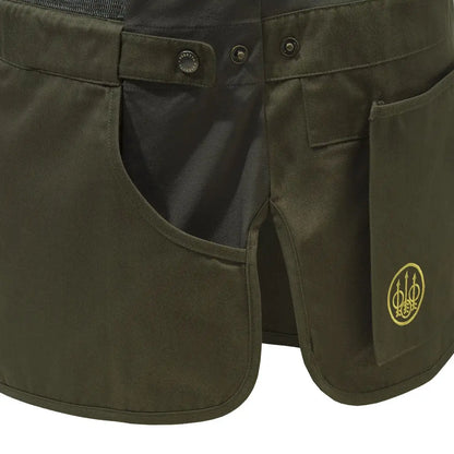 Olive green shooting apron featured with the Beretta Tredi Vest for stylish outdoor fun