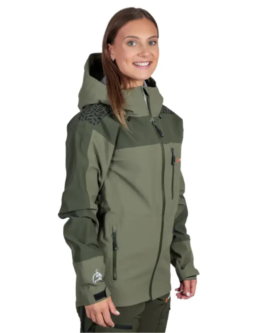 Olive green hooded alpine jacket perfect for wet weather country clothing style