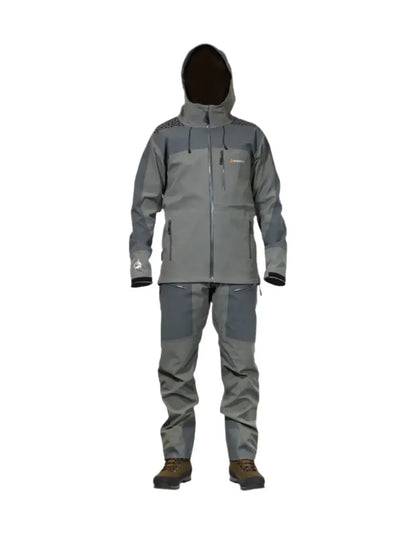 Gray waterproof hooded jacket and pants from Bushbuck Alpine Waterproof Jacket collection