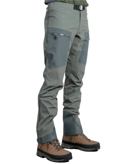 Gray hiking pants and brown boots from Bushbuck Alpine Waterproof Pants for hunting