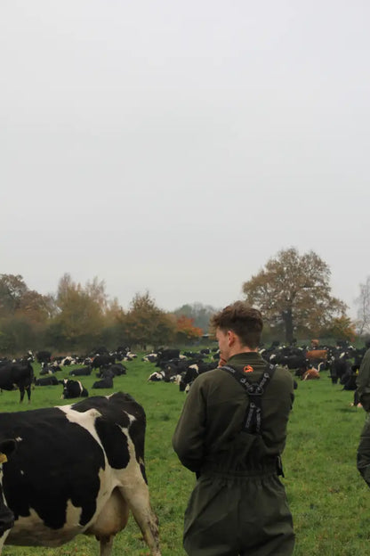 Cow-filled pasture with a person in overalls wearing Bushbuck Defender Waterproof Bib Overtrousers