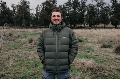 Olive green hooded puffer jacket for outdoors, perfect for hunting and country clothing
