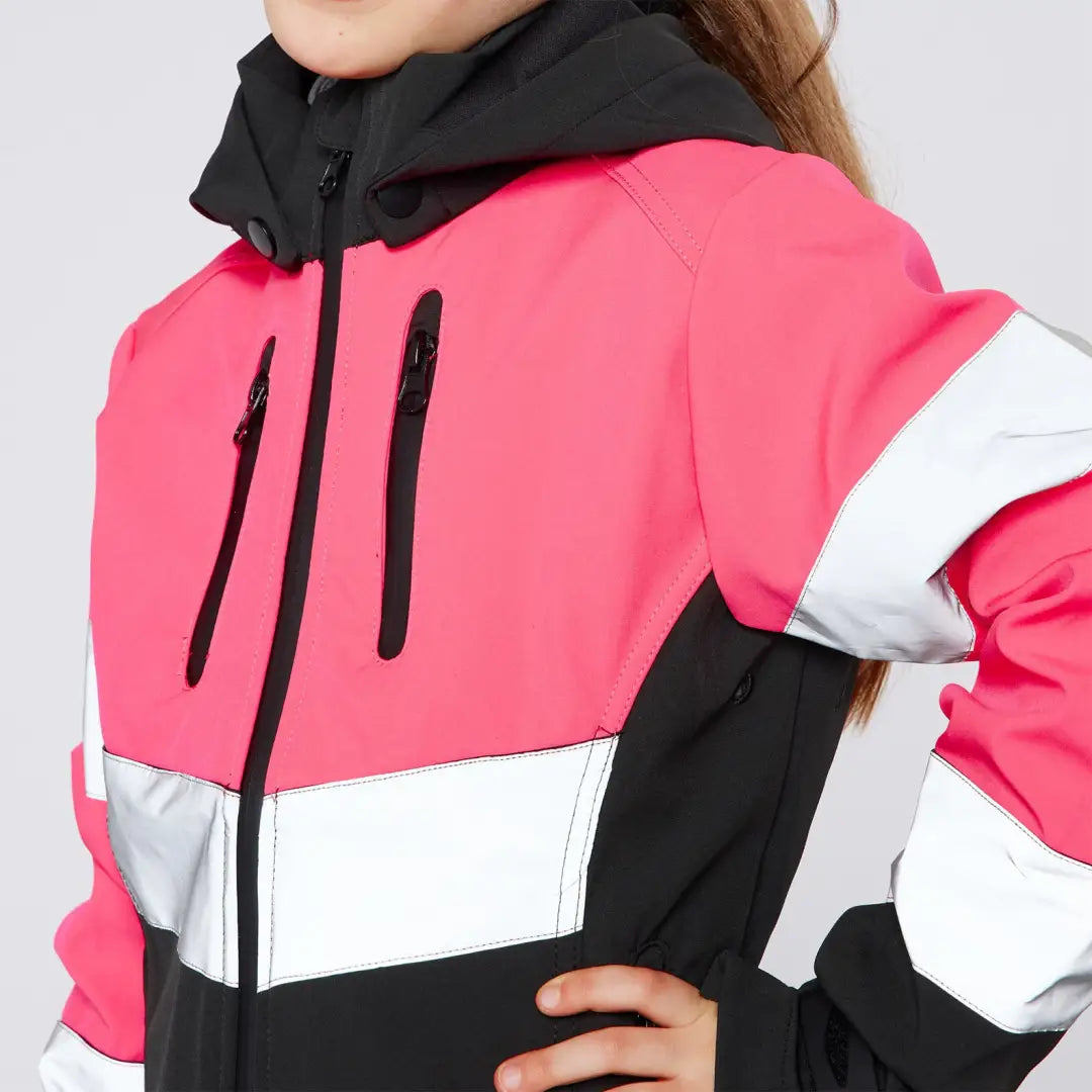 Color-blocked pink, white, and black hoodie from Cameo Junior Hi Viz Jacket for outdoors and country clothing