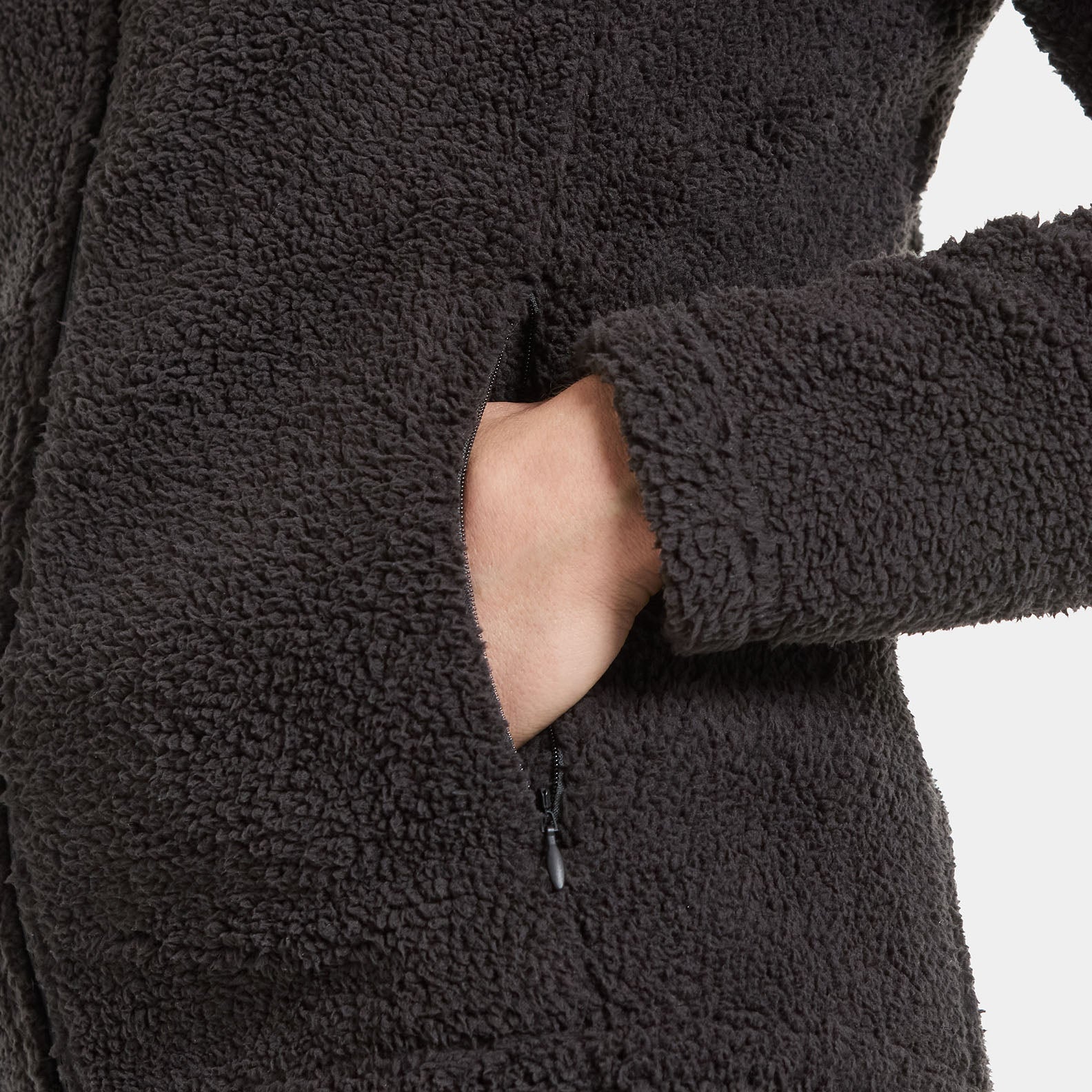 Dark fuzzy fleece jacket with pocket, perfect for country clothing and outdoor adventures