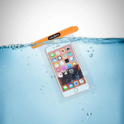 Submerged smartphone in Fidlock Medi Dry Bag with orange accessory for ultimate protection