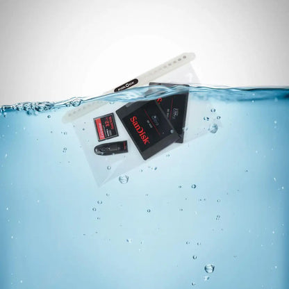 Waterproof Fidlock Multi Dry Bag holding memory storage devices for ultimate protection