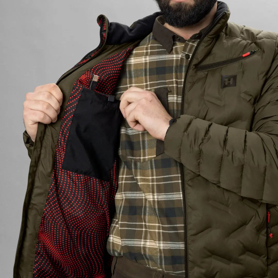 Olive green Harkila Clim8 Insulated Jacket with plaid shirt, perfect for winter vibes