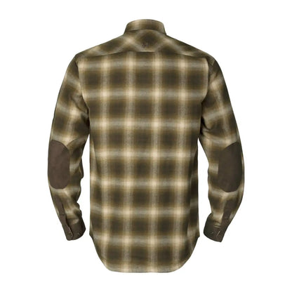 Plaid flannel Harkila Folke Shirt Jacket with elbow patches in brown and tan
