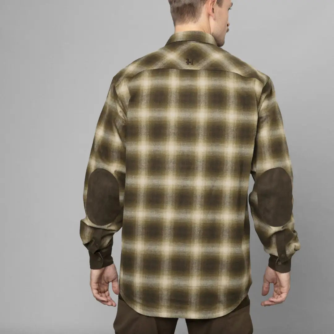 Back view of Harkila Folke Shirt Jacket with plaid flannel and elbow patches