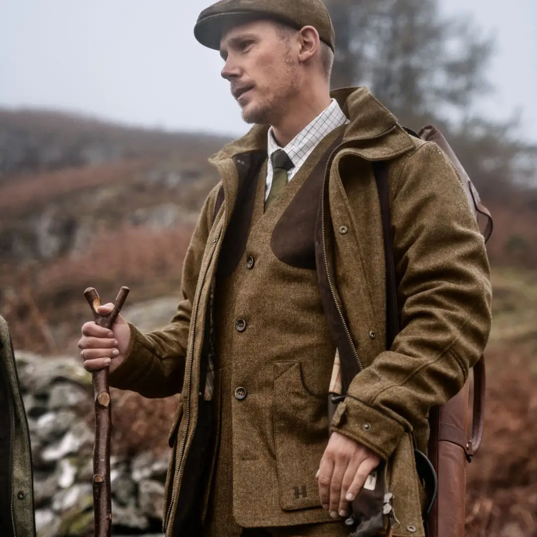 Man in traditional British outfit with a walking stick wearing Kenmore Shooting Waistcoat
