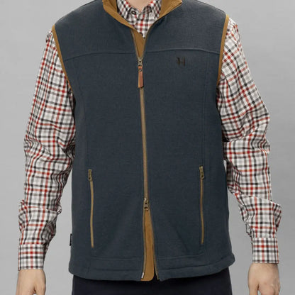 Navy blue Harkila Sandhem Pro Waistcoat with tan trim over plaid shirt