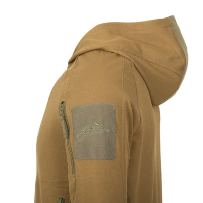 Tan Helikon-Tex Range Hoodie featuring a zippered arm pocket, perfect tactical hoodie