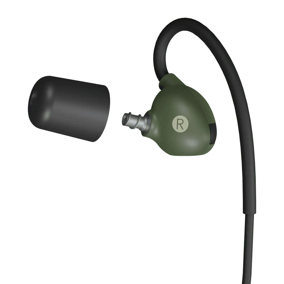Olive green in-ear monitor with detachable black eartip for ISOTunes Sport Advance Tactical Hearing Protection