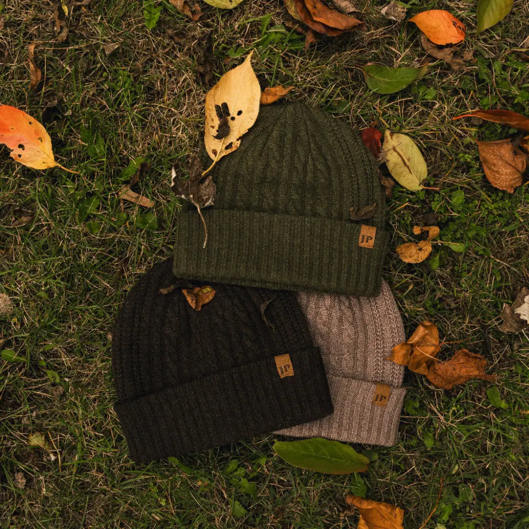 Three stylish Jack Pyke Merino Wool Beanies in different colors and designs