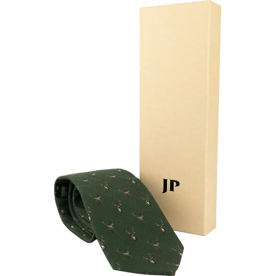 Dark green Jack Pyke Stag Silk Tie with animal pattern beside its box