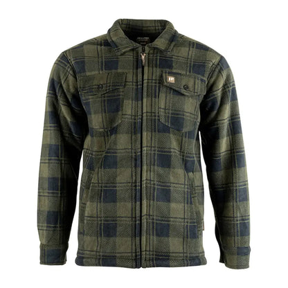 Olive green and navy blue plaid zip-up jacket from Jack Pyke Tundra Shirt collection