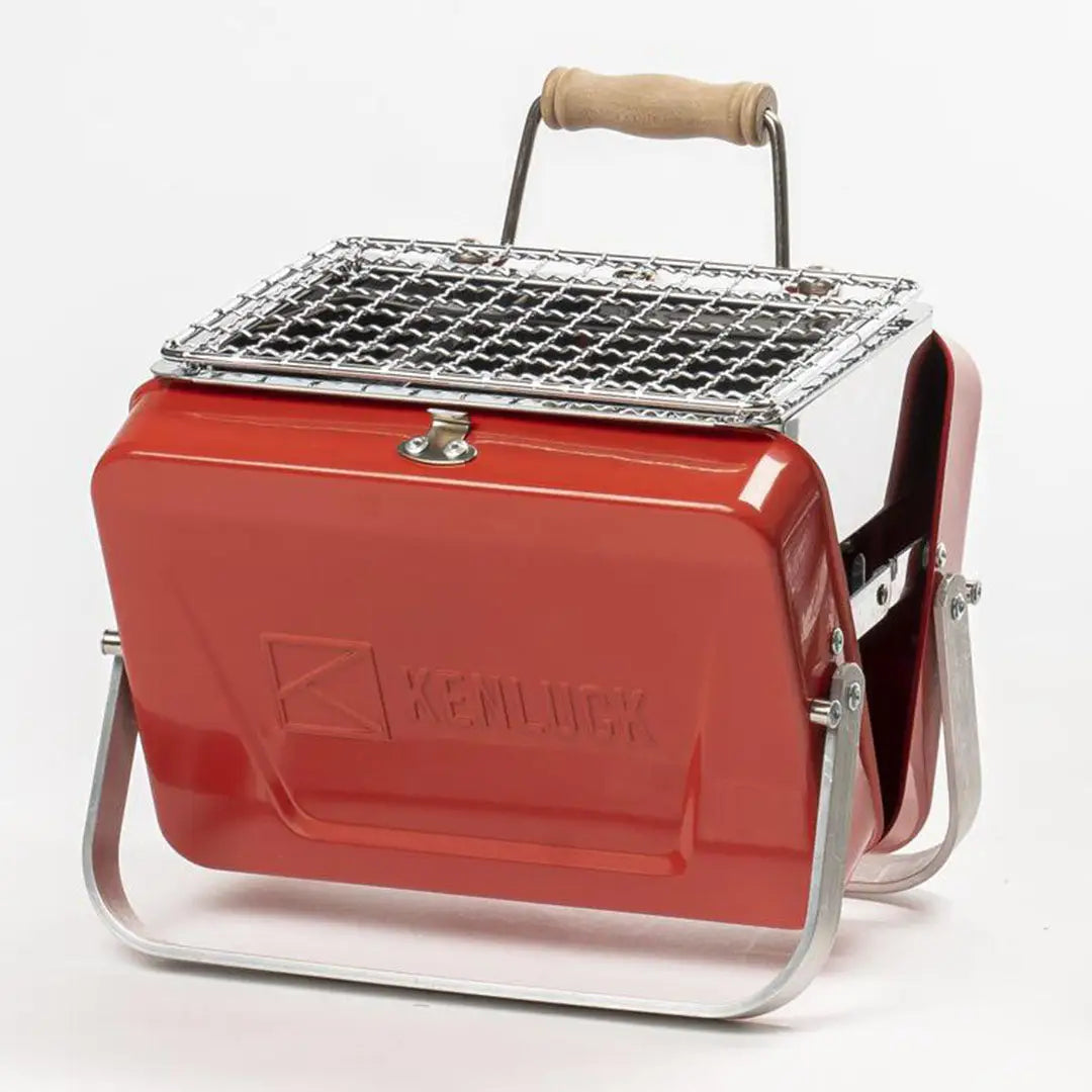 Red Kenluck Mini Grill with wooden handle, perfect for outdoor BBQ adventures