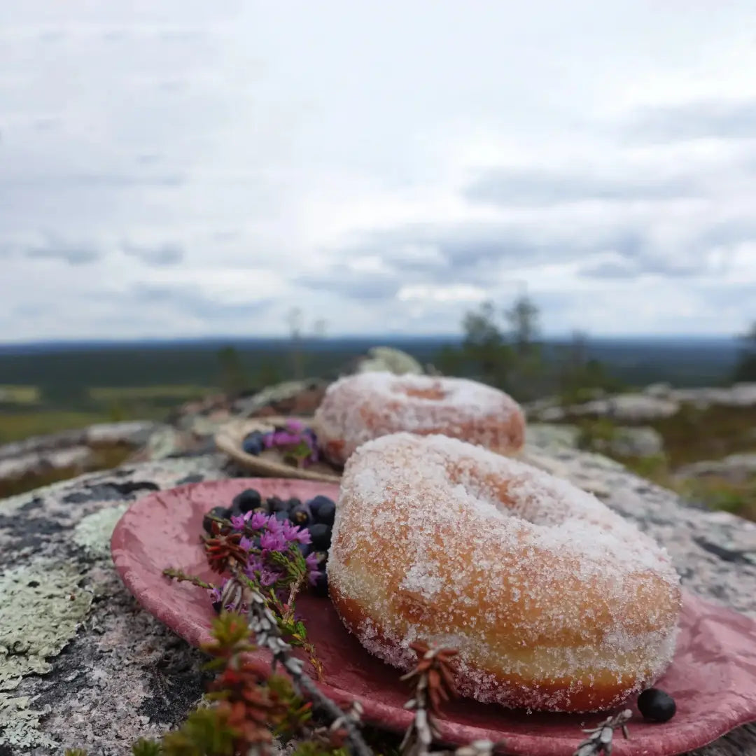 Sugar-coated donuts with berries on a Kupilka Small Plate, perfect for country clothing lovers