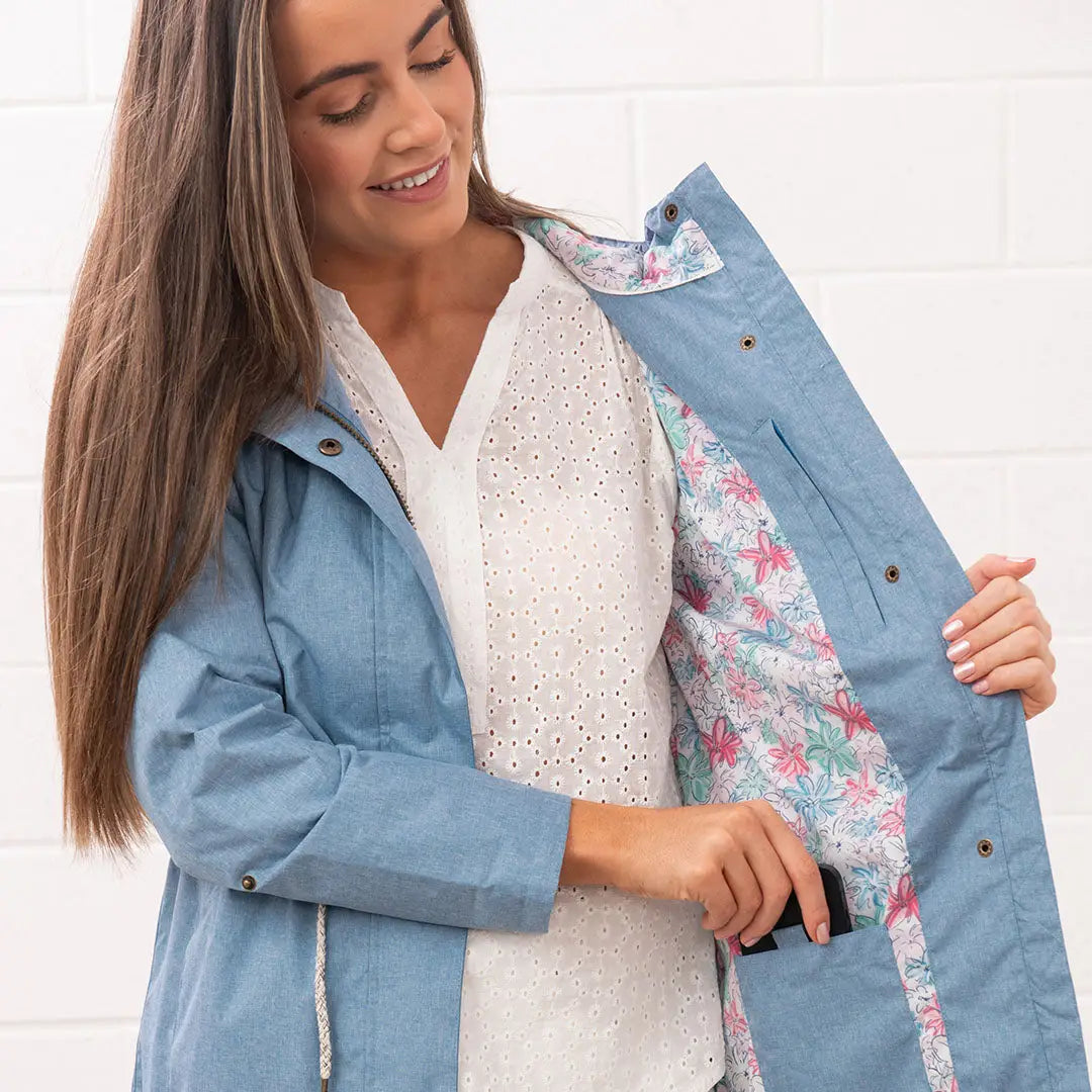 Blue raincoat with floral lining from the Lighthouse Ladies Pippa collection