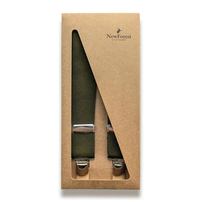 Olive green suspenders in a box, perfect for country clothing and outdoor adventures