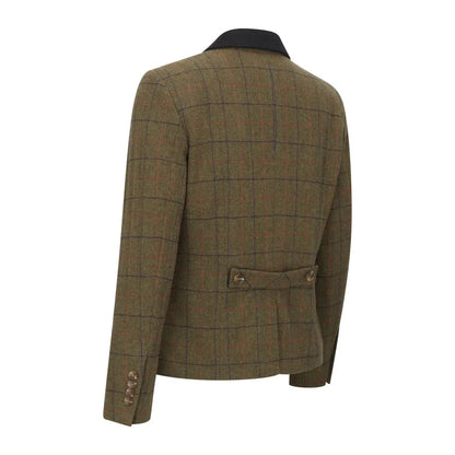 Olive green Polly Tweed Blazer featuring a chic windowpane pattern and dark collar
