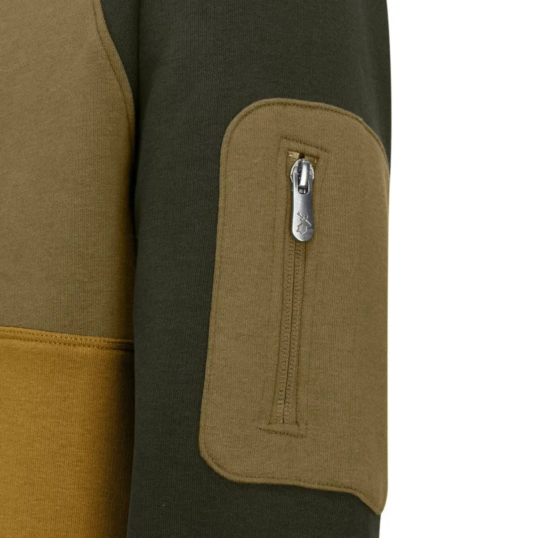Olive and tan zippered sleeve pocket on a New Forest Raptor Hoodie for style and utility