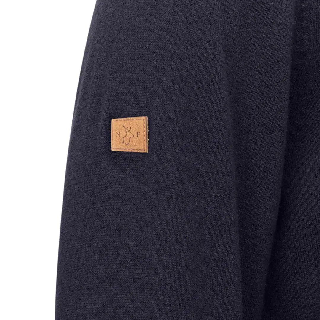 Navy blue zip neck jumper with leather patch, perfect for stylish casual wear
