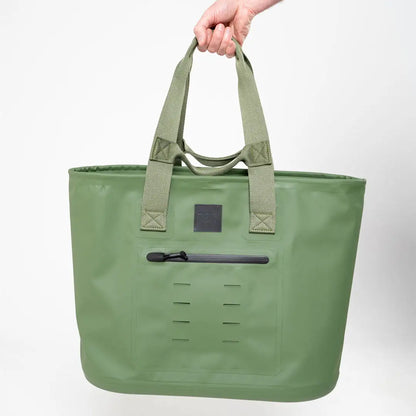 Green waterproof tote bag with sturdy handles and zippered front pocket, sleek welded seams