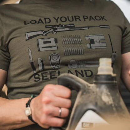 Olive green t-shirt with hunting gear graphic from Seeland for country clothing lovers