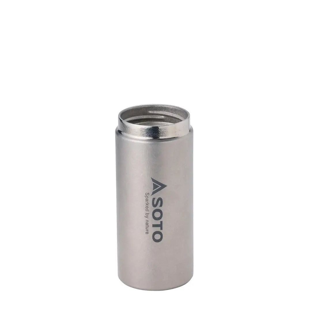Silver metal canister of the Soto Aero Bottle 200ml for stylish hydration on-the-go