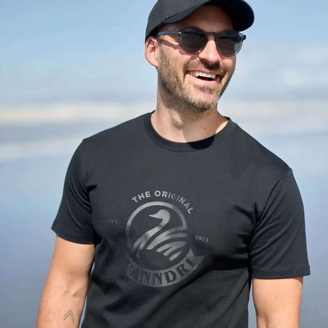 Black Swanndri Original V2 Printed Tee featuring a stylish swan logo