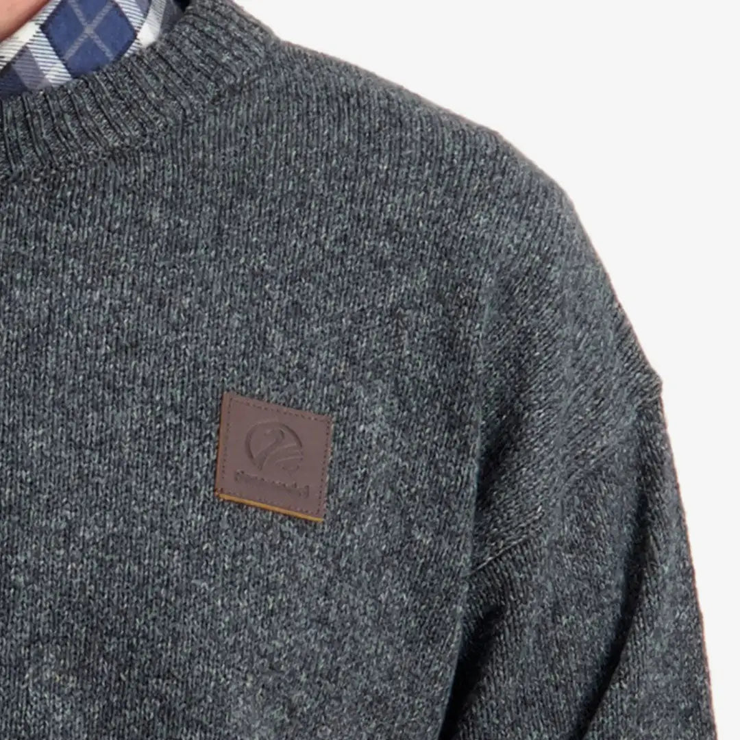 Gray knit Swanndri Seafarer Crew Sweater with leather patch, perfect for country clothing and outdoors