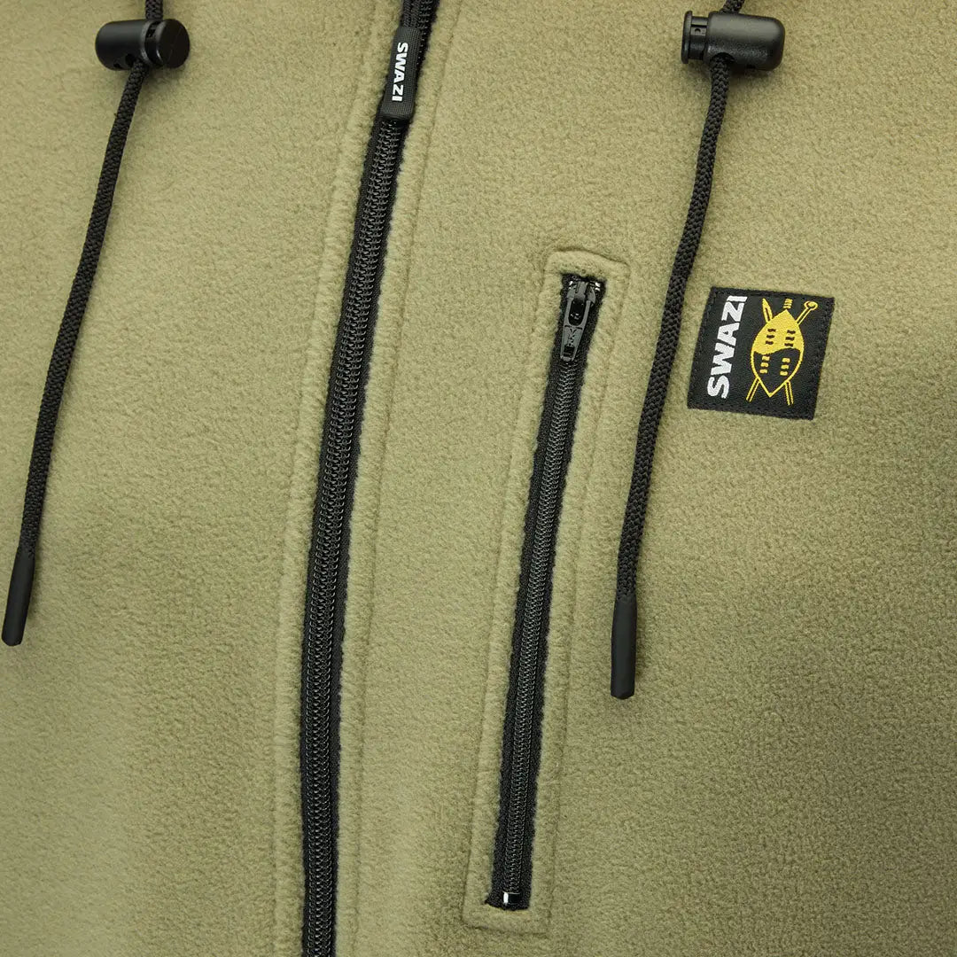 Olive green fleece jacket with high collar and fleece hood for outdoor activities at Swazi The Hood