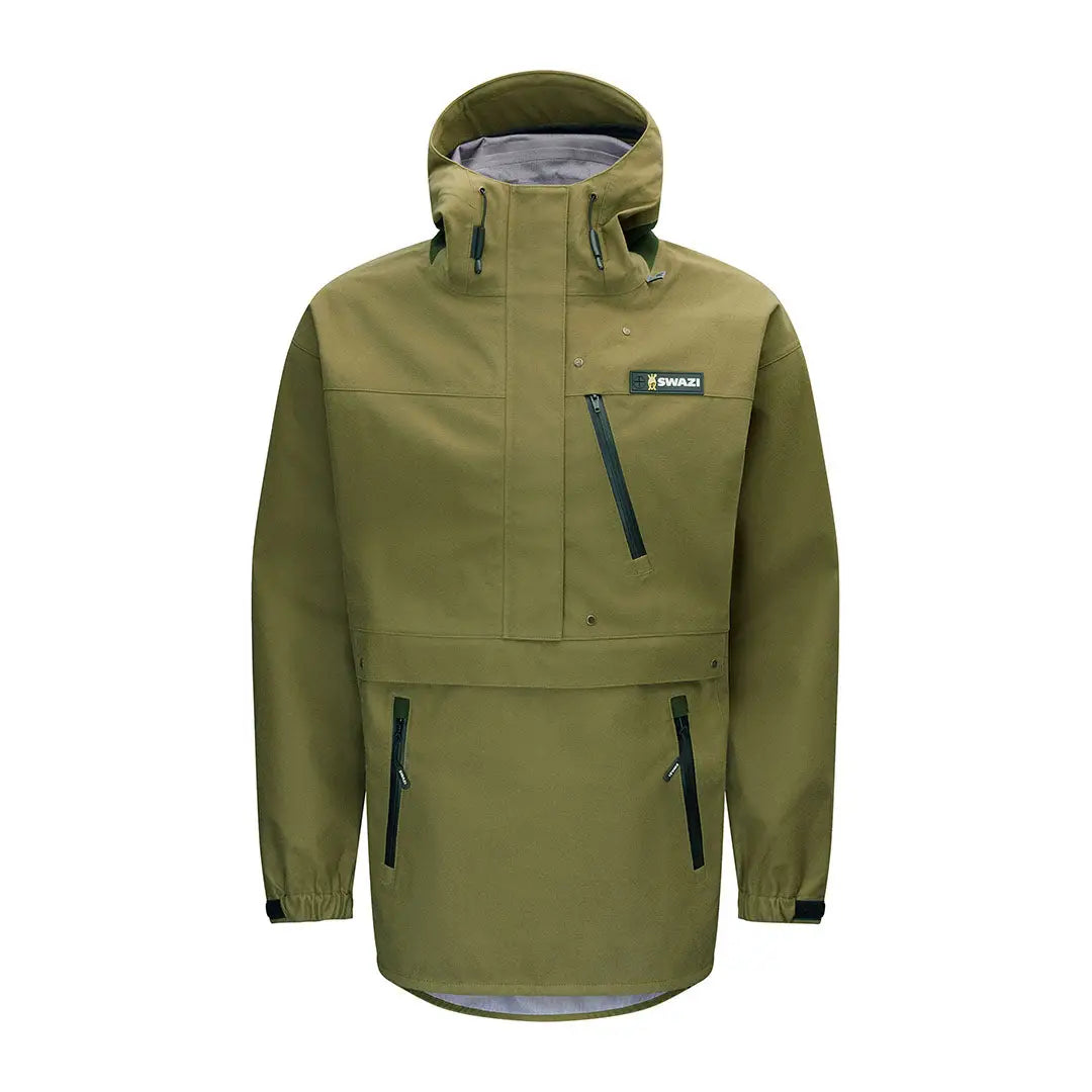 Olive green hooded anorak made with 3-layer Aegis Knit fabric from Swazi Kagoule