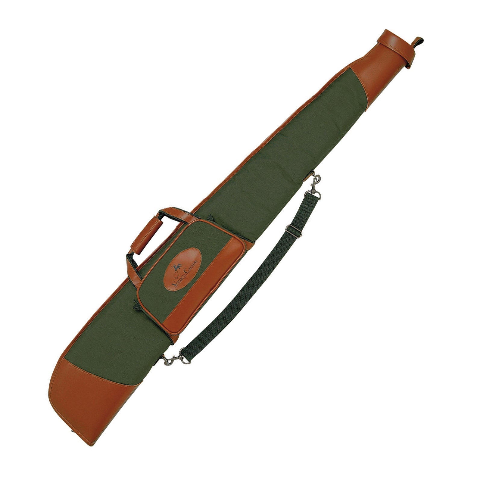 Green and brown leather Verney Carron Parnon shotgun slip with shoulder strap